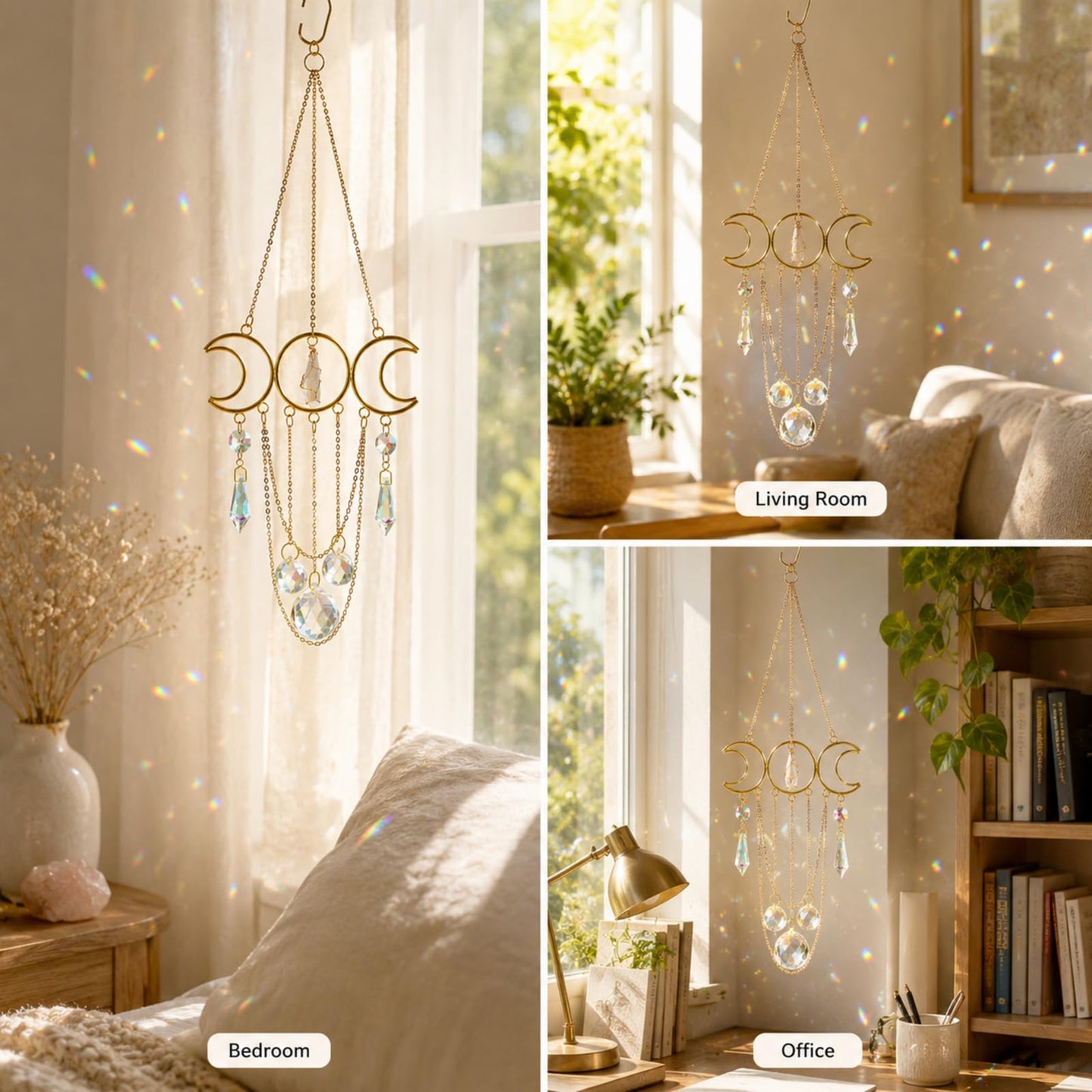 Bohemian Moon Crystal Suncatcher, Hanging Crystal Decoration for Window