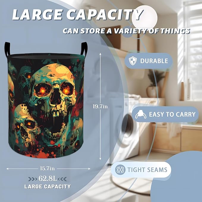 Fiery Skull with Glowing Eyes Laundry Basket with Handles, 19.7"x15.7" Clothes