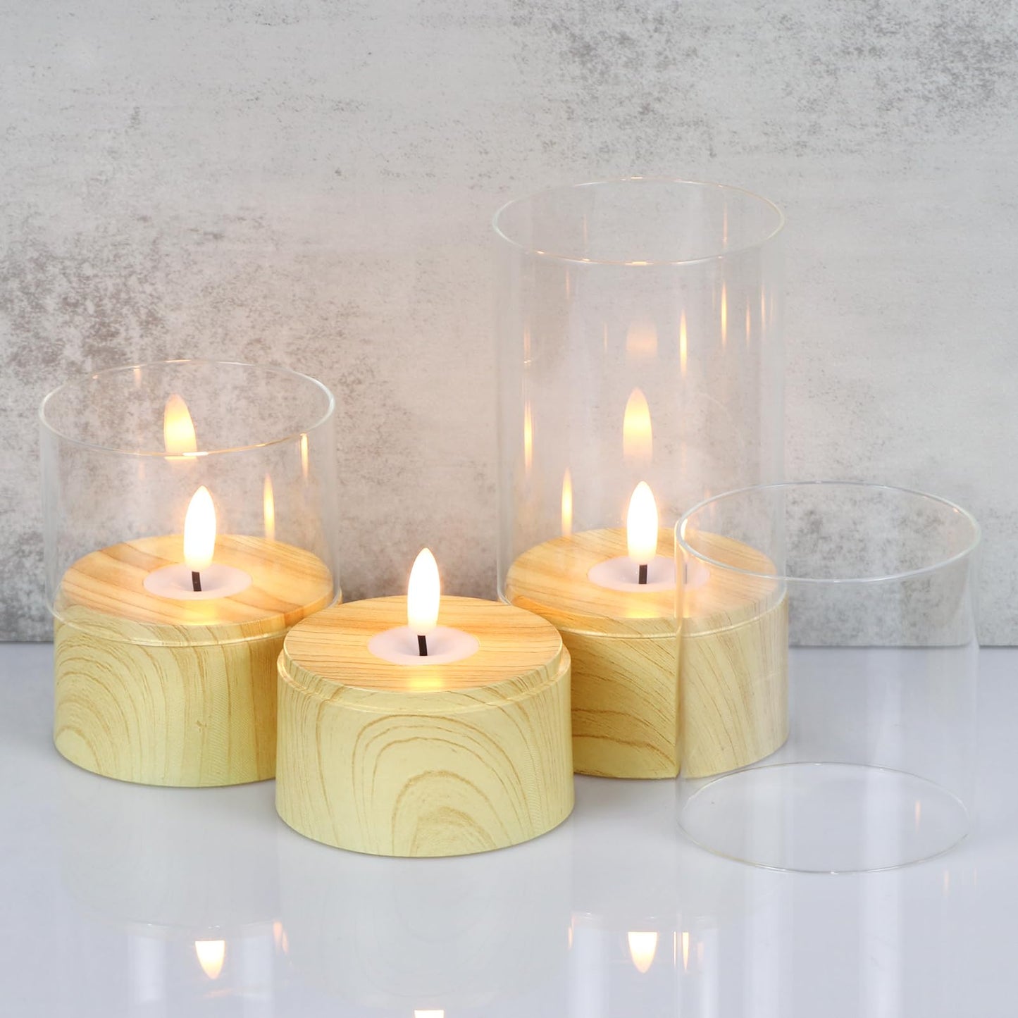 KunSwenn Battery Operated Candles with 6H Timer, 3 Pack Glass LED Flikcering Flameless Candles, Clear Pillar Candles with 3D Flame for Spring Wedding Home Bedroom Decor(Set of 3)
