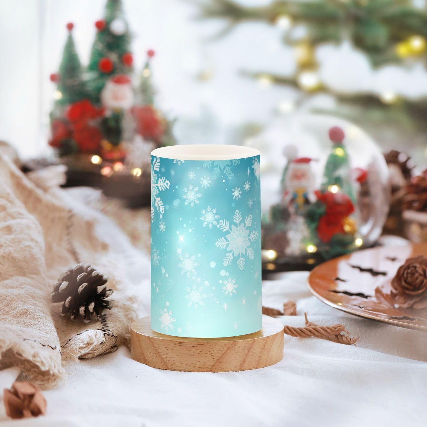 senya Christmas Lights Flameless Candles Teal Turquoise Snowflake Pillar Candles Set of 2 Battery Operated Remote Control Warm Lights Home Decor