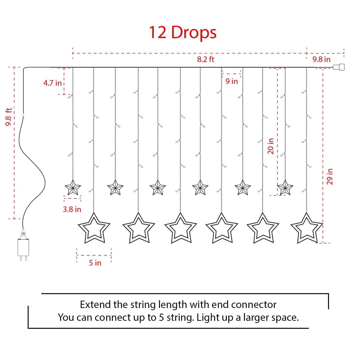 Star Curtain Lights for Bedroom - Plug-in 9ft 138 LED Fairy Twinkle Lights with 12 Star Drops, Connectable Window Lights with Remote 8 Lighting Modes for Indoor Xmas Ramadan Decoration, Warm White