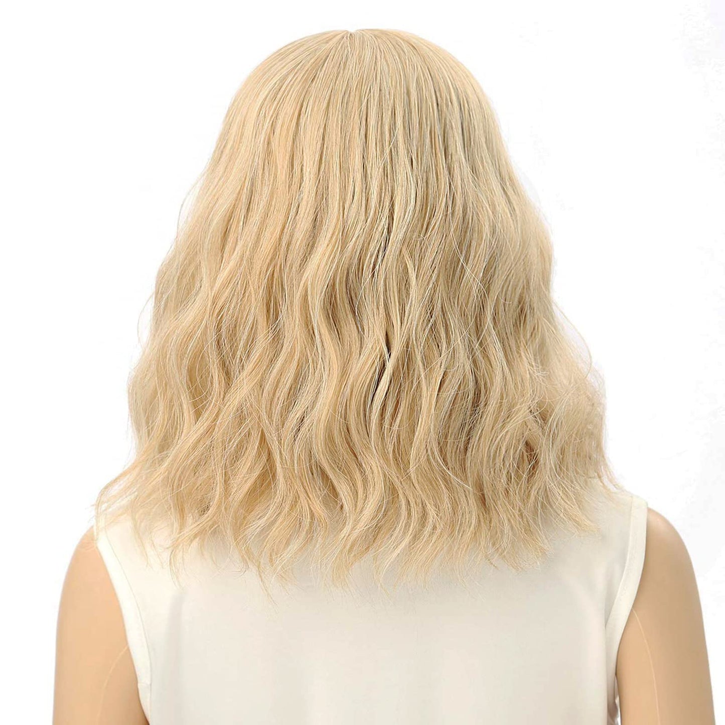FAELBATY Blonde & Gold Bob Wig - Loose Wave, Air Bangs, Shoulder Length, Curly Wavy Synthetic, Mix Colors, 12"