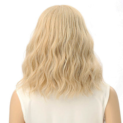 FAELBATY Blonde & Gold Bob Wig - Loose Wave, Air Bangs, Shoulder Length, Curly Wavy Synthetic, Mix Colors, 12"