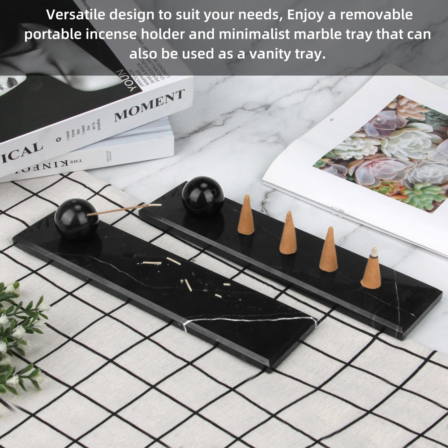 HESHIBI Marble Incense Holder Tray Incense Burner Modern Minimalist Home Deco and Desk Incense Holder for Sticks (White Black)