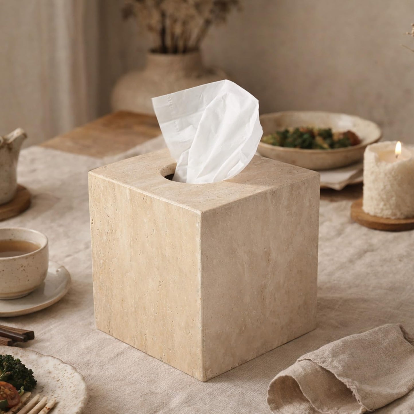 Koville Marble Tissue Box Cover, Heavy Square Tissue Cube Cover Tissue Organizer with Open Bottom for Countertop, Decorative Stone Facial Tissues Boxes Holder for Bathroom Bedroom Kitchen (Beige)