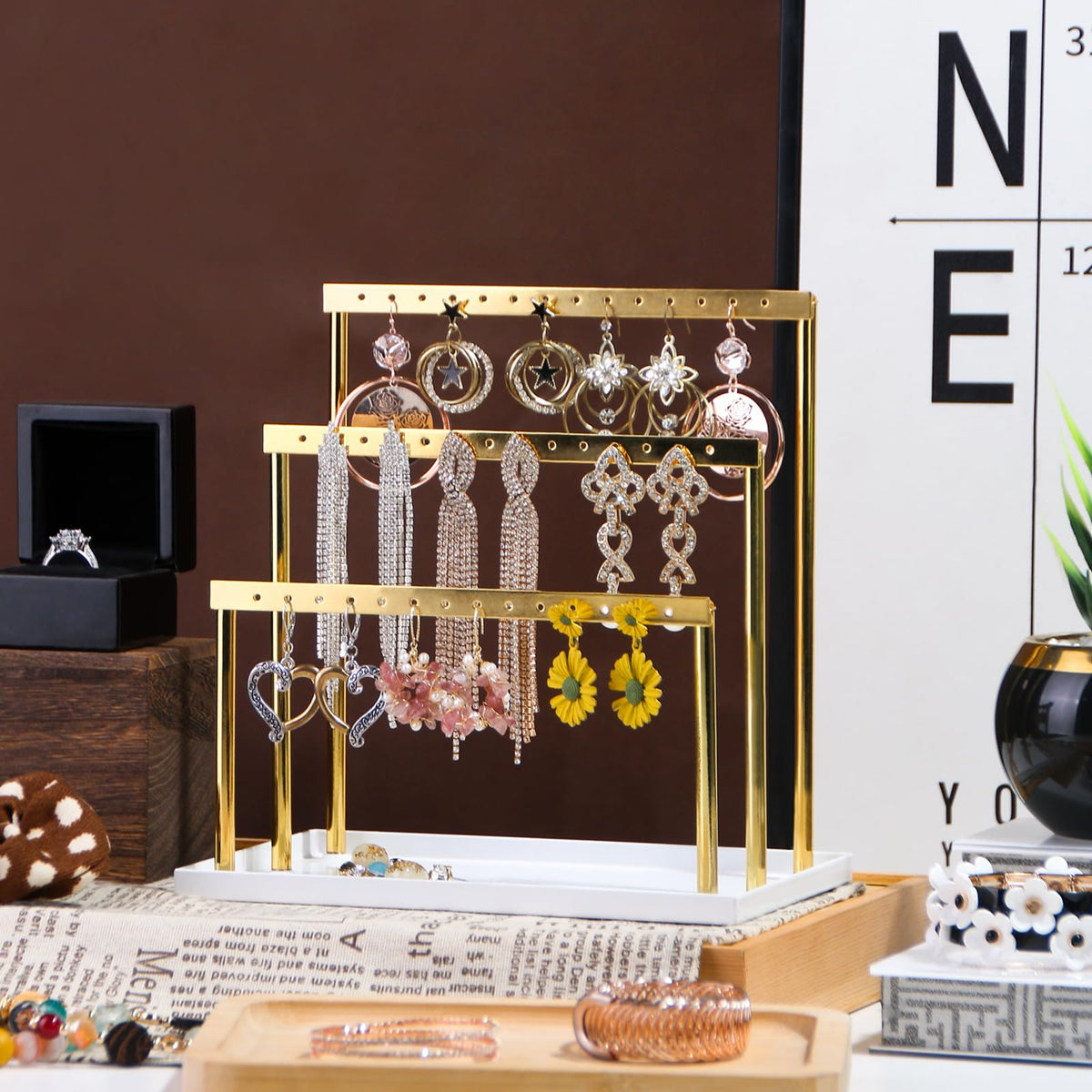 Pangkeep 3 Tier Earring Holder for Vendors,Stud Earrings Display Stand for Selling,Matel Jewelry Organizer for Girls (Gold)