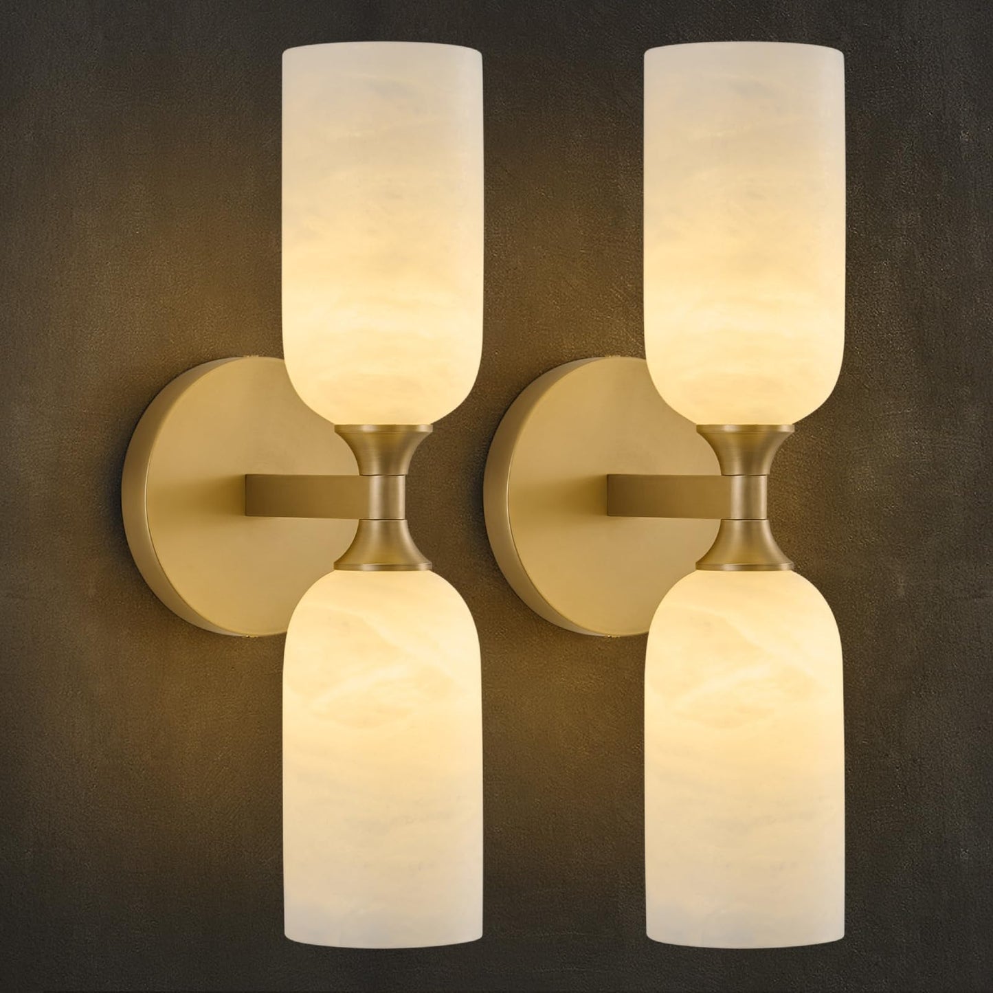 Vintage Alabaster Brass Wall Sconce: Set of 2 Antique Spanish Natural Marble Modern Vanity Wall Lights - 14" Brushed Gold Vanity Light - Indoor Sconces for Bathroom Stair Hallway Bedroom Living Room