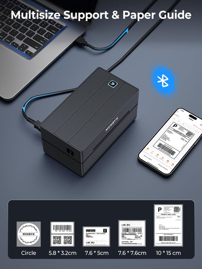 MUNBYN Shipping Label Printer Bluetooth, Thermal Label Printer 4x6, Etsy, Shopify, eBay, Royal Mail, Evri, Bluetooth for Phone, Chromebook, Windows, USB for Mac, Windows, 130B, Black