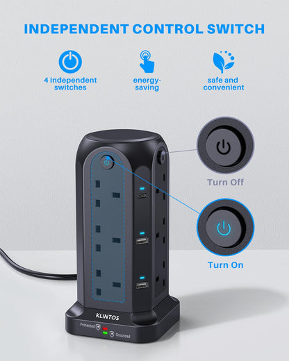 Tower Extension Lead 2M, 12 Way Extension Tower with 6 USB Slots (2 Type C & 4 USB A), [13A 3250W]Surge Protection Extension Lead with 4 Independent Switches, Multi Plug Extension for Home, Office