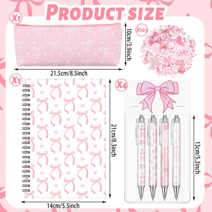 Sayglossy Pink Bow Stationery Gift Coquette School Supplies Set Include Pens Aesthetic Journal Notebook Pencil Case and Stickers Pink Bow Preppy Back to School Supplies for Girl Students