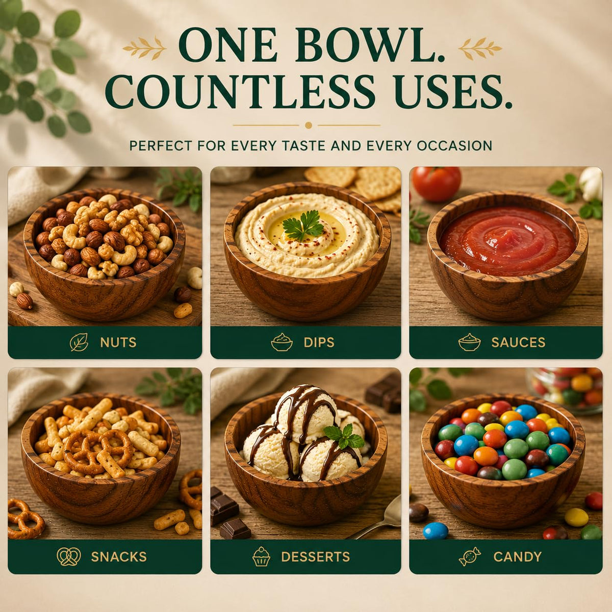 WEBHUSHI Acacia Wood Bowls: Handcrafted, Rustic, 6 Bowls of 3.75-inch, 0.25 liters Capacity Each