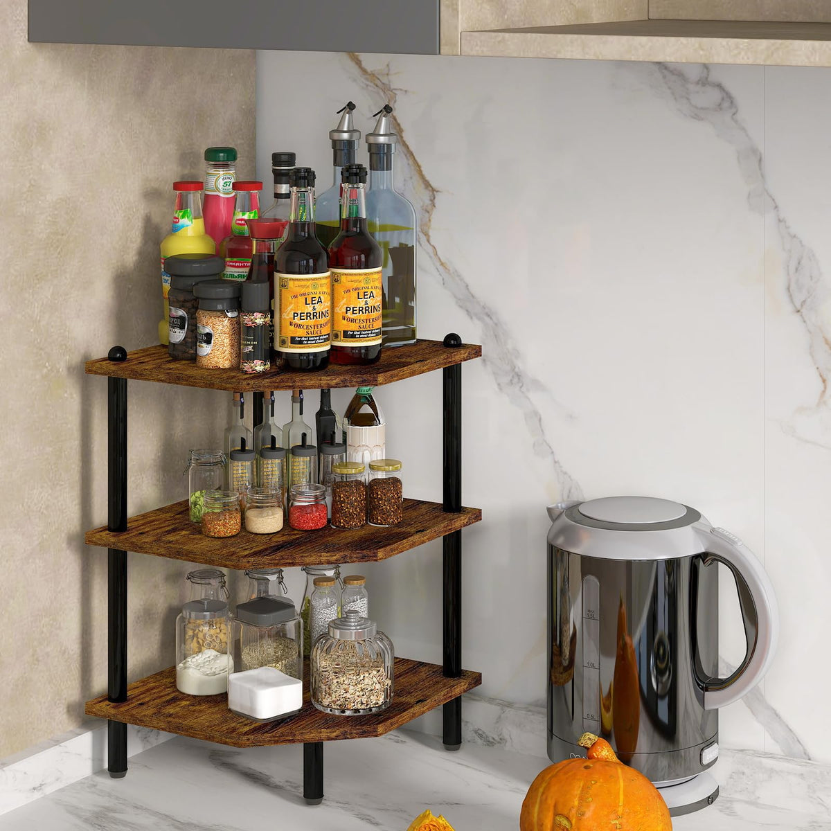 MOFAIN Desktop Corner Stand Shelf for Storage, 3 Tier Corner Shelf Organizer, Rustic Brown Rack for Small Spaces, Bedroom, Home Office, Kitchen, Bathroom