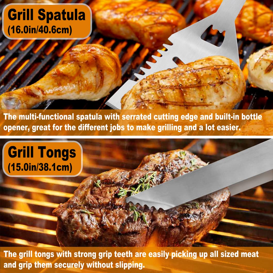 POLIGO 28Pcs Grilling Accessories in Bag with Meat Injector, Barbecue Claws, Mats, Thermometer for Smoker, Camping BBQ Grill Utensil Set Dad Gift for Fathers Day Birthday Grilling Gifts for Men Silver