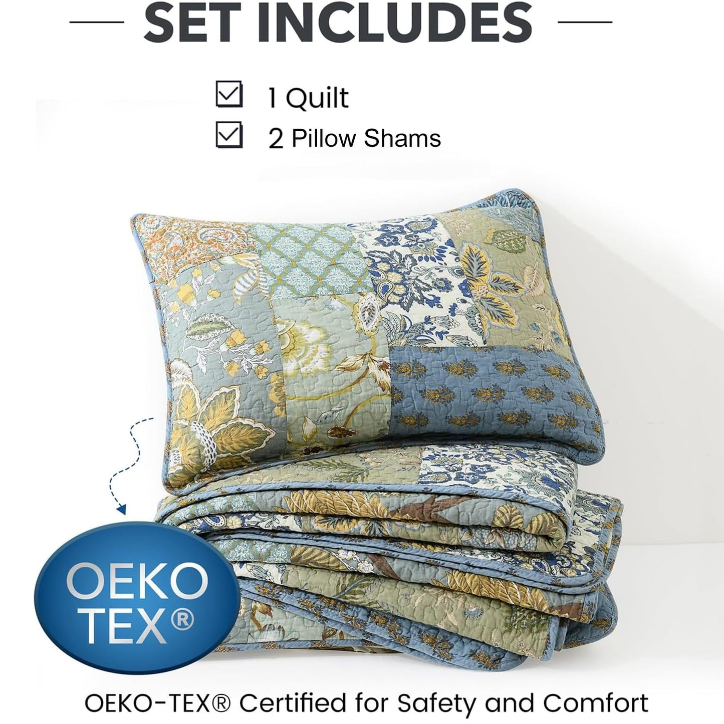 NEWLAKE Quilt Set King Size, 100% Cotton Patchwork Green Bohemian Quilt Sets, Reversible Bedspread Lightweight and Breathable for All Seasons, Soft Quilted Bedspread with 2 Pillow Shams