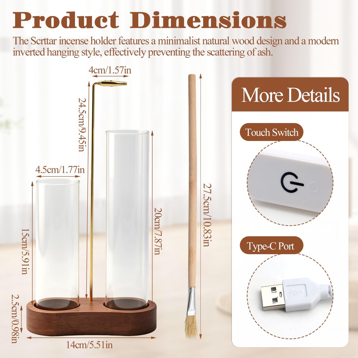 2 in 1 Glowing Incense Holder for Sticks with Ash Catcher and Adjustable Ambient Lighting, Alligator Clip-on Incense Burner Holder with More Secure Hold, Suitable for Yoga, Meditation, Home Decor