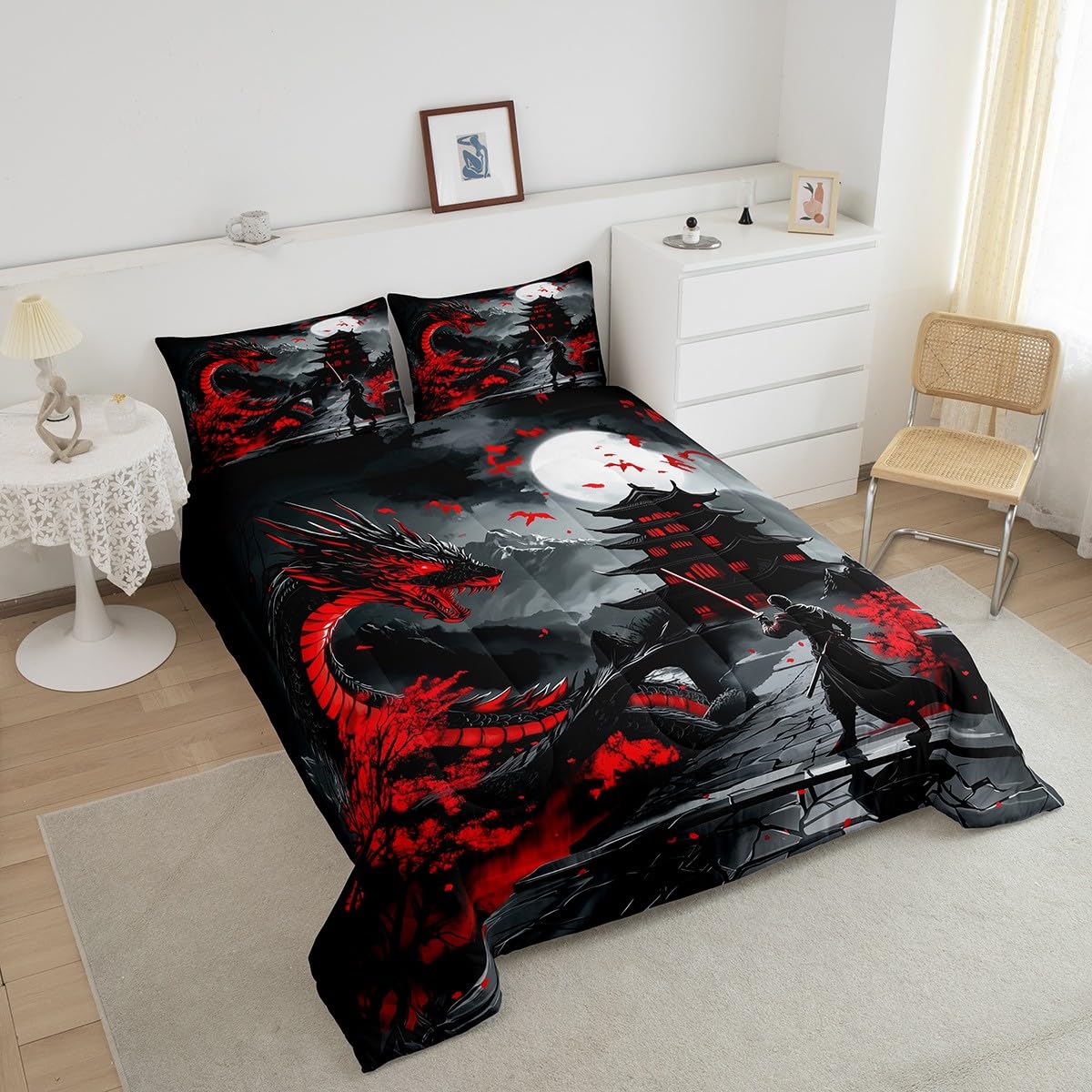 Erosebridal Dragon Bedding Set Full Size, Japanese Style Comforter Set for Teens Youth Adult Men Room, Ancient Animal Quilt, Retro Wildlife Ukiyo-E Down Comforter, Black Grey Red