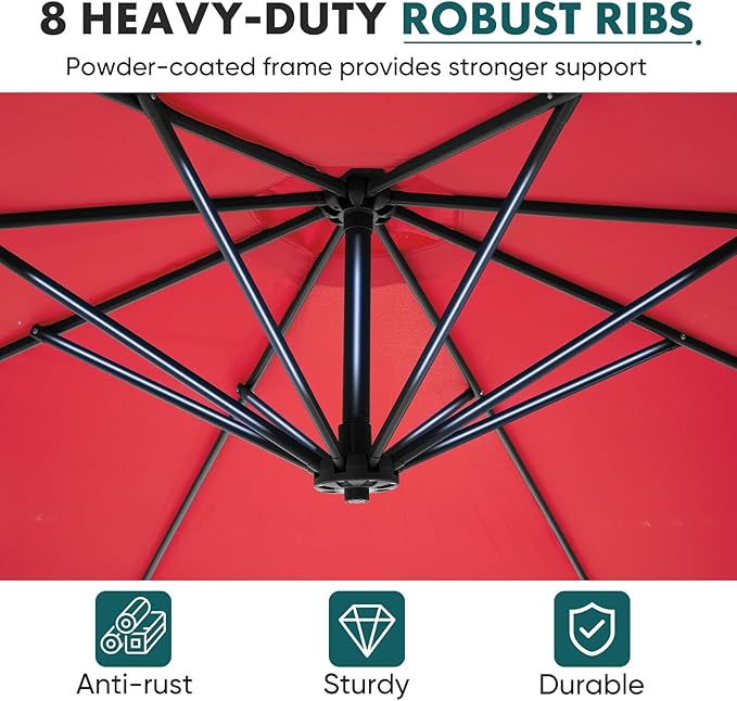 OLIXIS 9.7FT Offset Patio Umbrella with Base, Cantilever Table Umbrellas for Outdoor Sun Shade UV Protection with Easy Tilt Adjustment, 8 Ribs for Backyard, Lawn, Garden, Pool - Red