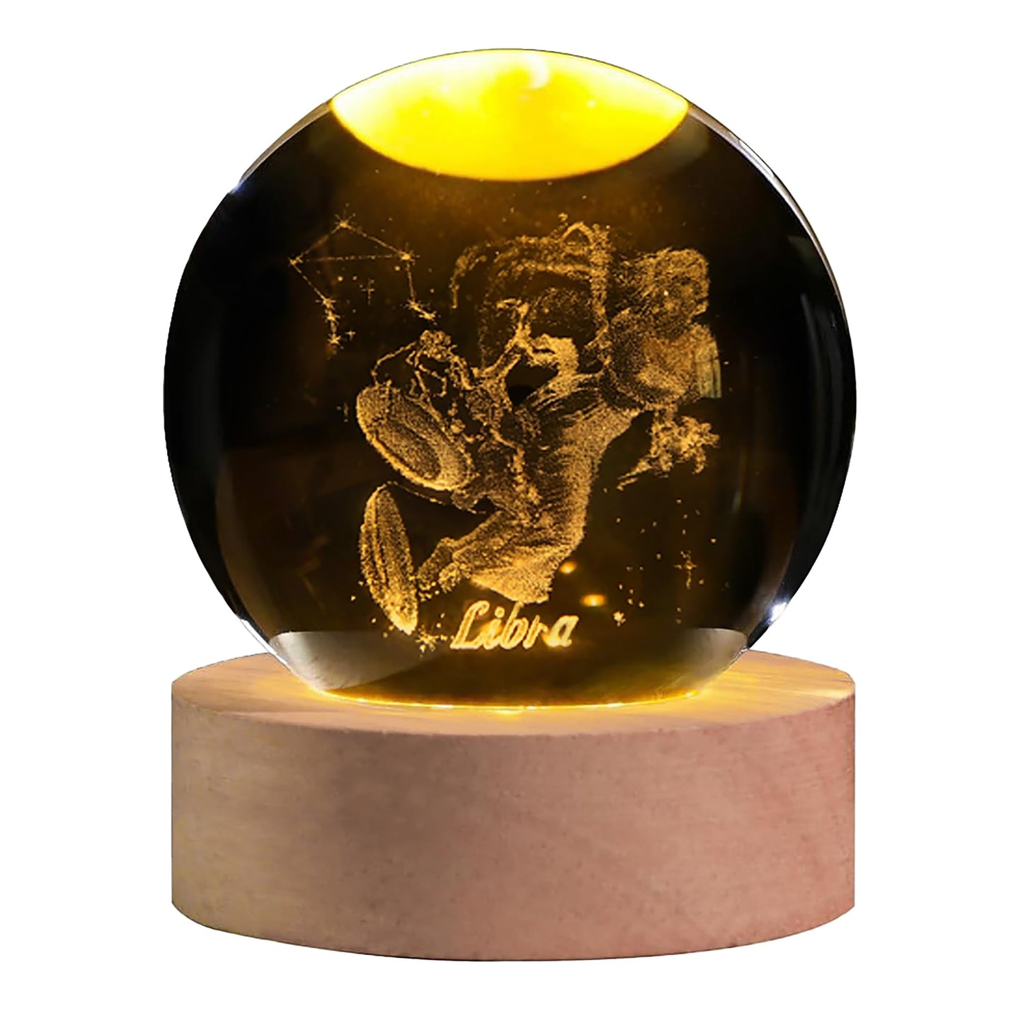 QIANCHANG 3D Laser Etched Libra Crystal Ball with LED Light Stand, Constellation Decor Glass Sphere Lamp, Zodiac Astrology Birthday Gifts for Women Kids