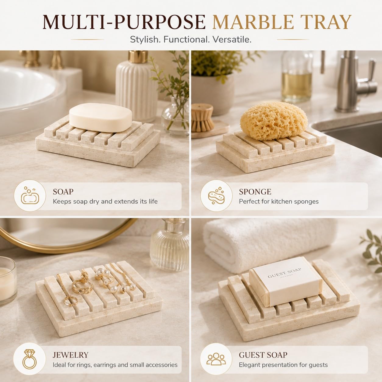 Creative Home Natural Champagne Marble Soap Dish, Beige, 5.2" x 4"