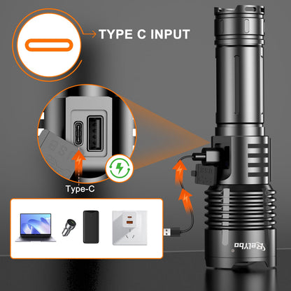 Relybo Torches LED Super Bright 1000000 Lumen, Rechargeable Torch Flashlight, Powerful Torches Battery Powered, 2 Switches, 4 Lighting Mode, High Powered Torch for Dog Walking Camping Hiking Emergency
