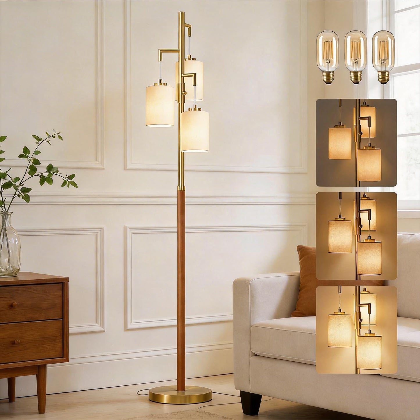 G-SAFAVA 70" Wood Floor Lamp Dimmable Floor Lamps for Living Room Bedroom Mid Century Modern Floor Lamp Gold Standing Lamp Tall Lamps for Office Nursery Reading Elegant Stand Up Lamp, 3 Bulbs Included