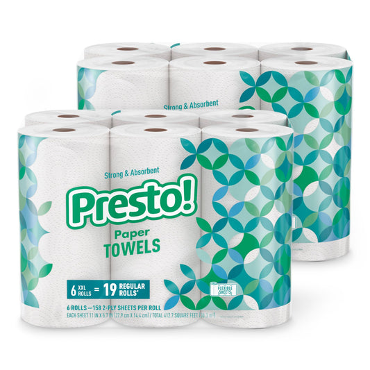 Amazon Brand - Presto! Flex-a-Size Paper Towels, 158 Sheet Huge Roll, 12 Rolls (2 Packs of 6), Equivalent to 38 Regular Rolls, White