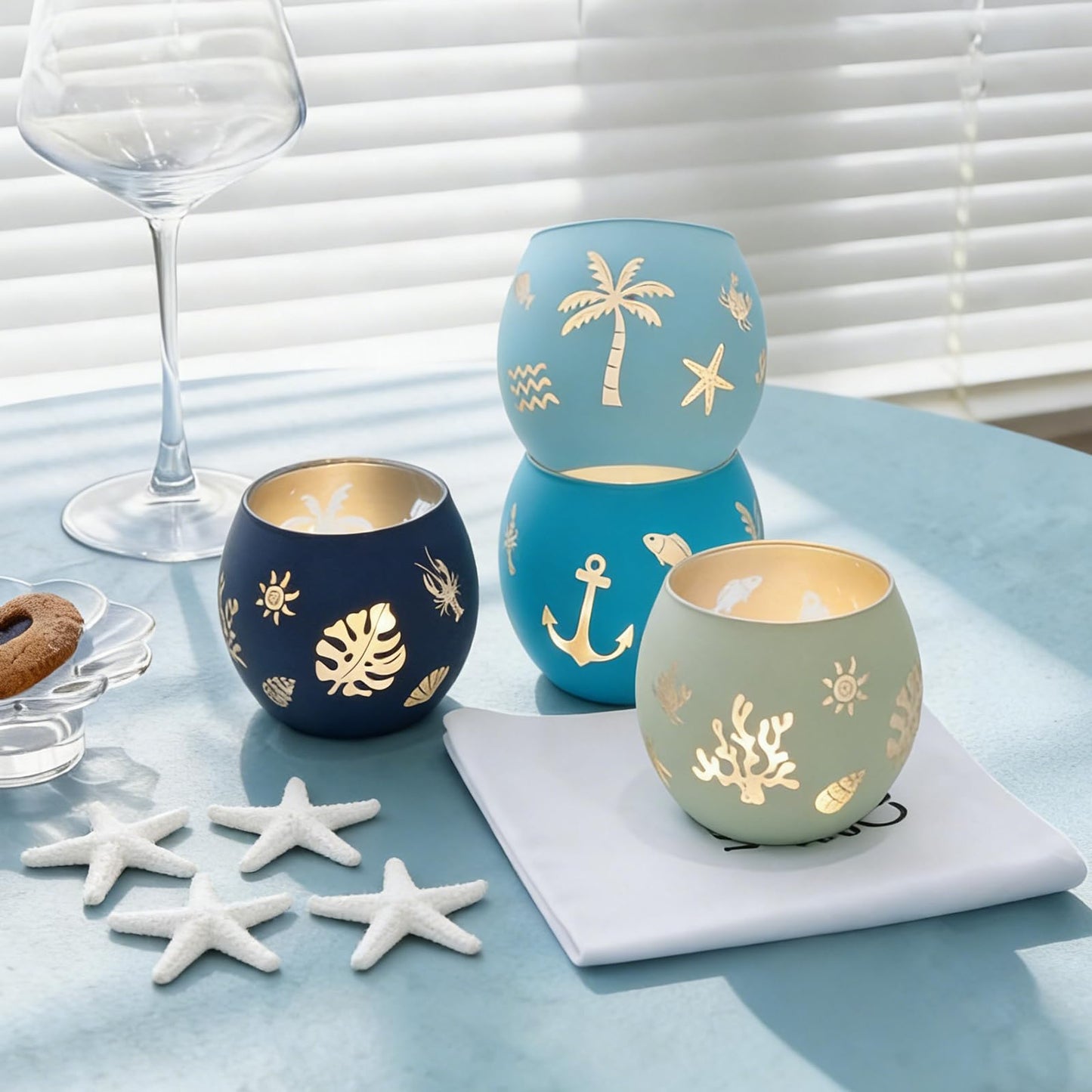Coastal Ocean Glass Votive Candle Holders Set of 4, Laser Etched Nautical Tealight Holders with Anchor, Palm Tree & Sea Life Patterns, Summer Blue Glass Centerpiece for Home Spa Party Gift