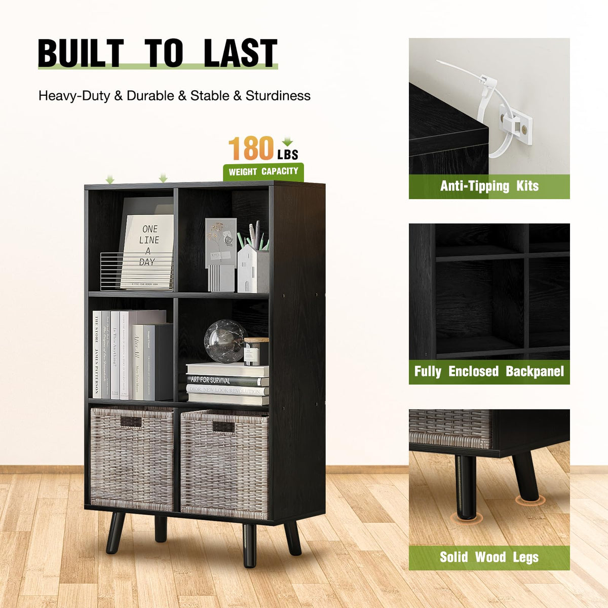 ELYUP 6-Cube Open Shelf Bookcase - 3-Tier Wooden Floor-Standing Bookshelf with Legs and Backpanel, Ideal for 11-inch Fabric Storage Bins and Miscellaneous Organizer, Black