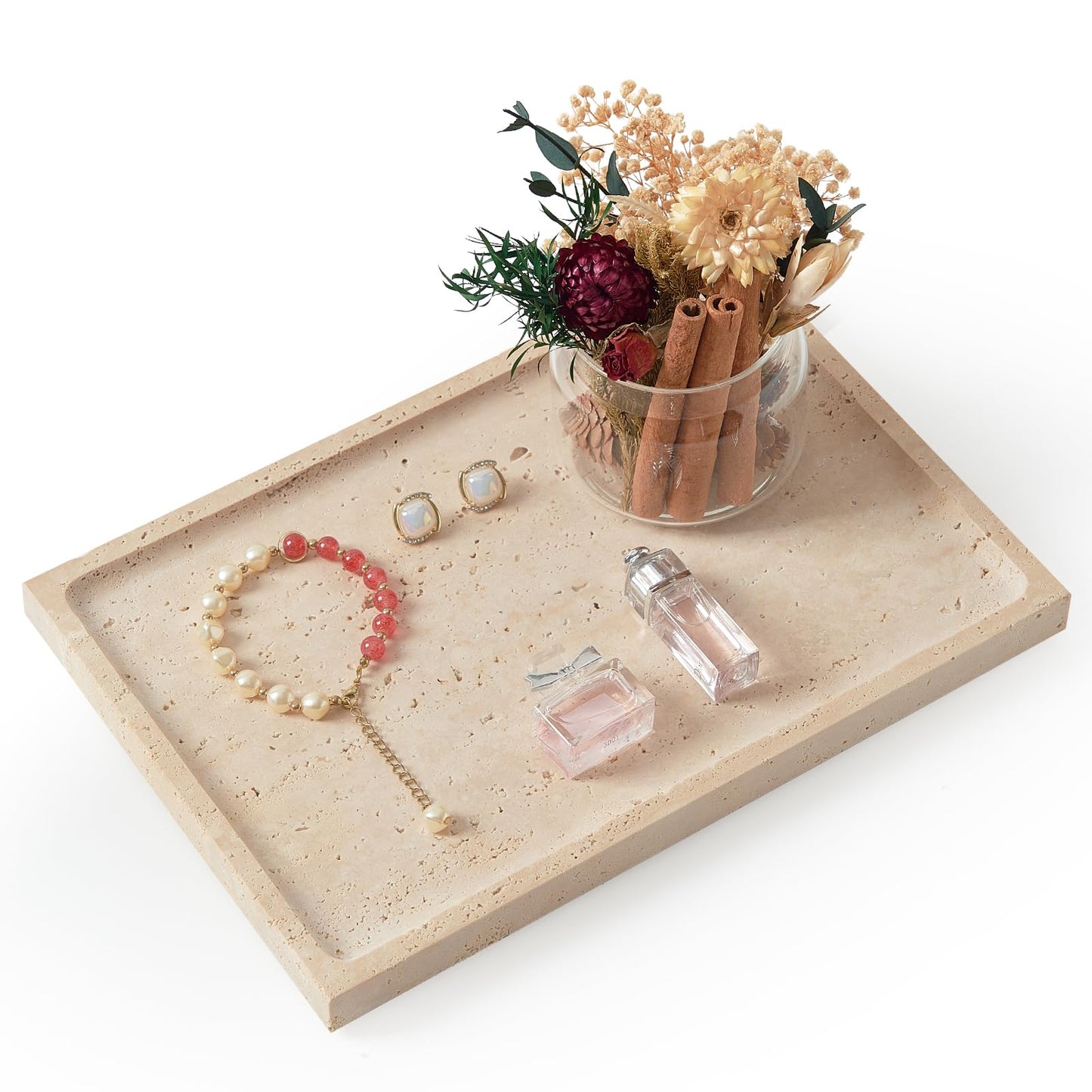 Real Luxurious Natural Travertine Tray - 12x8 Inch Marble Vanity Tray for Perfume Display, Jewelry Organizer, Bathroom & Home Decor -Heavy Duty Non-Slip Stone Tray (Non-Resin/Non-Ceramic)