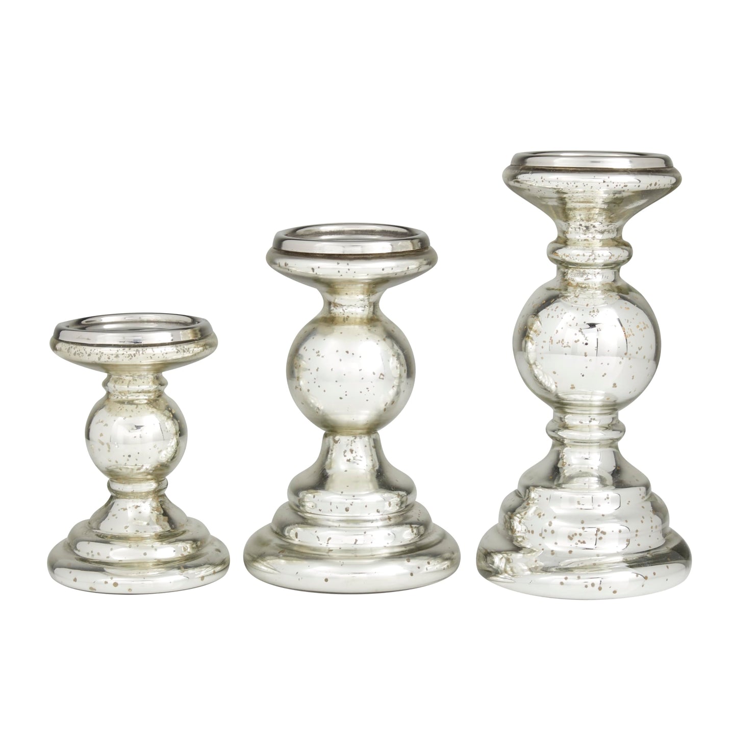 Deco 79 Glass Decorative Candle Holder Turned Style Pillar Candle Stand, Set of 3 Candlestick Holder 10", 8", 6"H, Silver