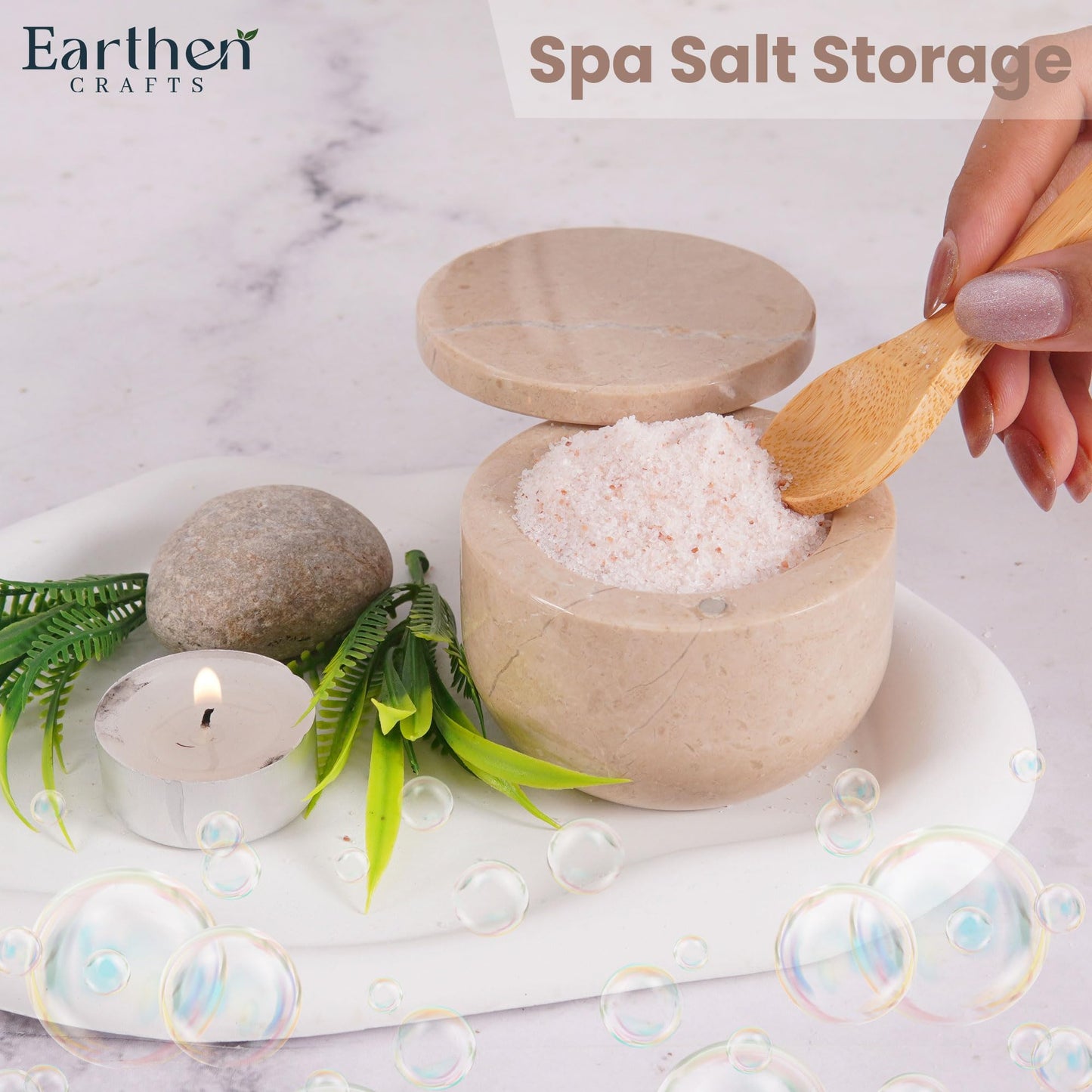 EARTHEN CRAFTS Marble Salt Cellar with Swivel Lid 3 Inch Beige Stone Mini Salt Box for Kitchen Counter with Magnetic Closure, 2.5 OZ Capacity, Ideal for Kosher Salt and Gourmet Seasonings