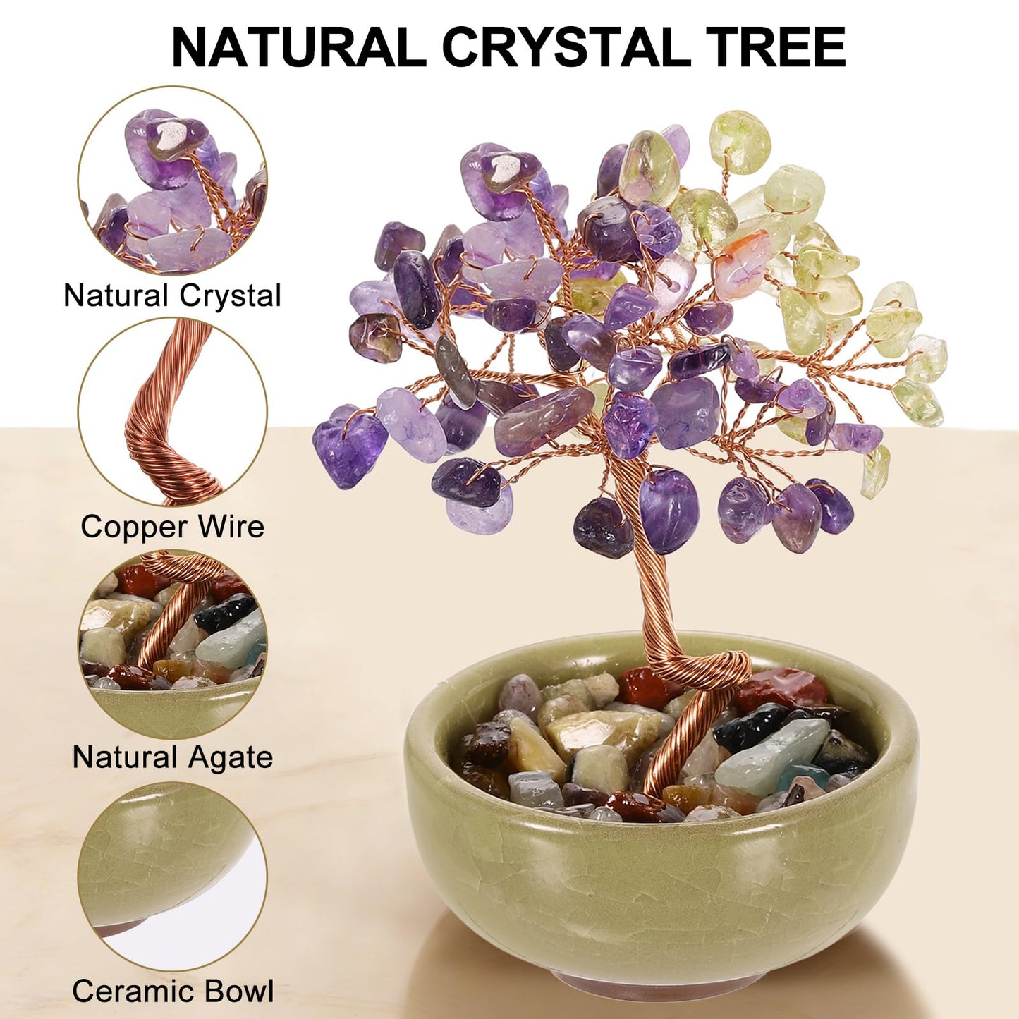 MECCANIXITY 7 Chakra Crystal Tree of Life, Natural Amethyst & Citrine Gemstone Tree Handmade Feng Shui Bonsai with Agate Base for Positive Energy, Good Luck, Home Decor (4 x 2.4 Inch)