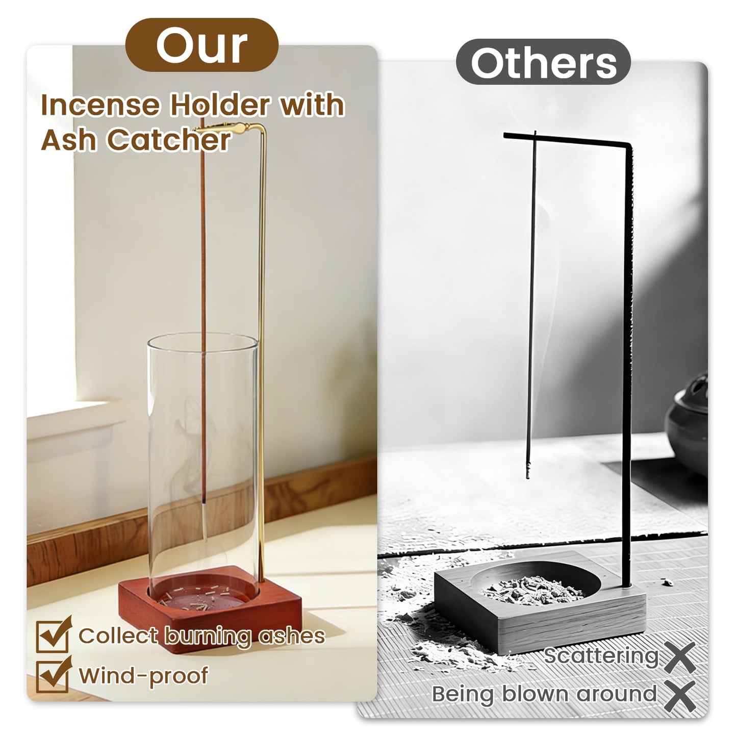 Jollidecor 3 Pack Incense Holder with 20 Incense Sticks | Detachable Glass Ash Catcher | Incense Sticks Burner for Meditation, Yoga, Spa, Home Decor