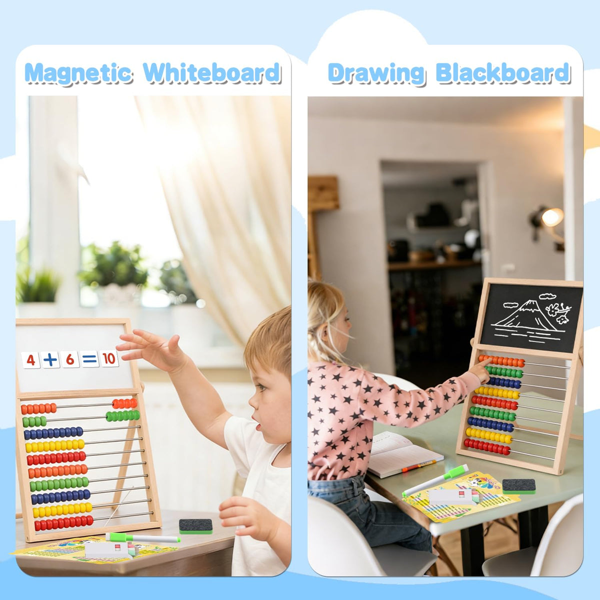 Wooden Abacus for Kids Math Games for Kids 3-5 4 5-7 6-8 Counters Toys with Double-Sided Whiteboard Blackboard and Magnetic Number Cards 1-100 Educational Counting Math Manipulatives 1st 2nd grade