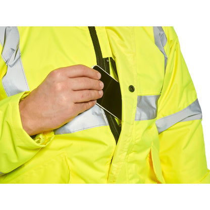 Portwest S463 Men's Hi-Vis Winter Bomber Jacket Waterproof Safety Cold Protection EN342 Certified Reflective Tape Texpel Eco Fabric Multiple Pockets Pack Away Hood, Yellow, L