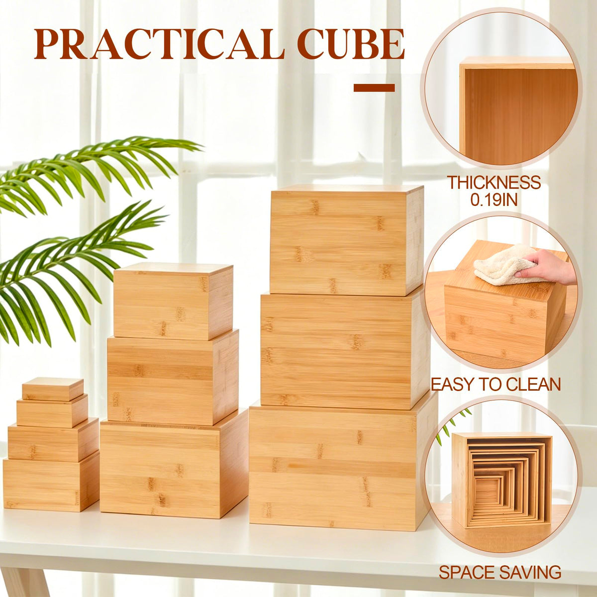 Fiwochic 10 Pcs Bamboo Buffet Risers, 9.8'' 8.8'' 7.9'' 6.9'' 5.9'' 4.9'' 4'' 3'', Large Food Risers for Buffet Table, Cake Display Stand Cube Box for Wedding Party Catering Dessert Jewelry Home Decor
