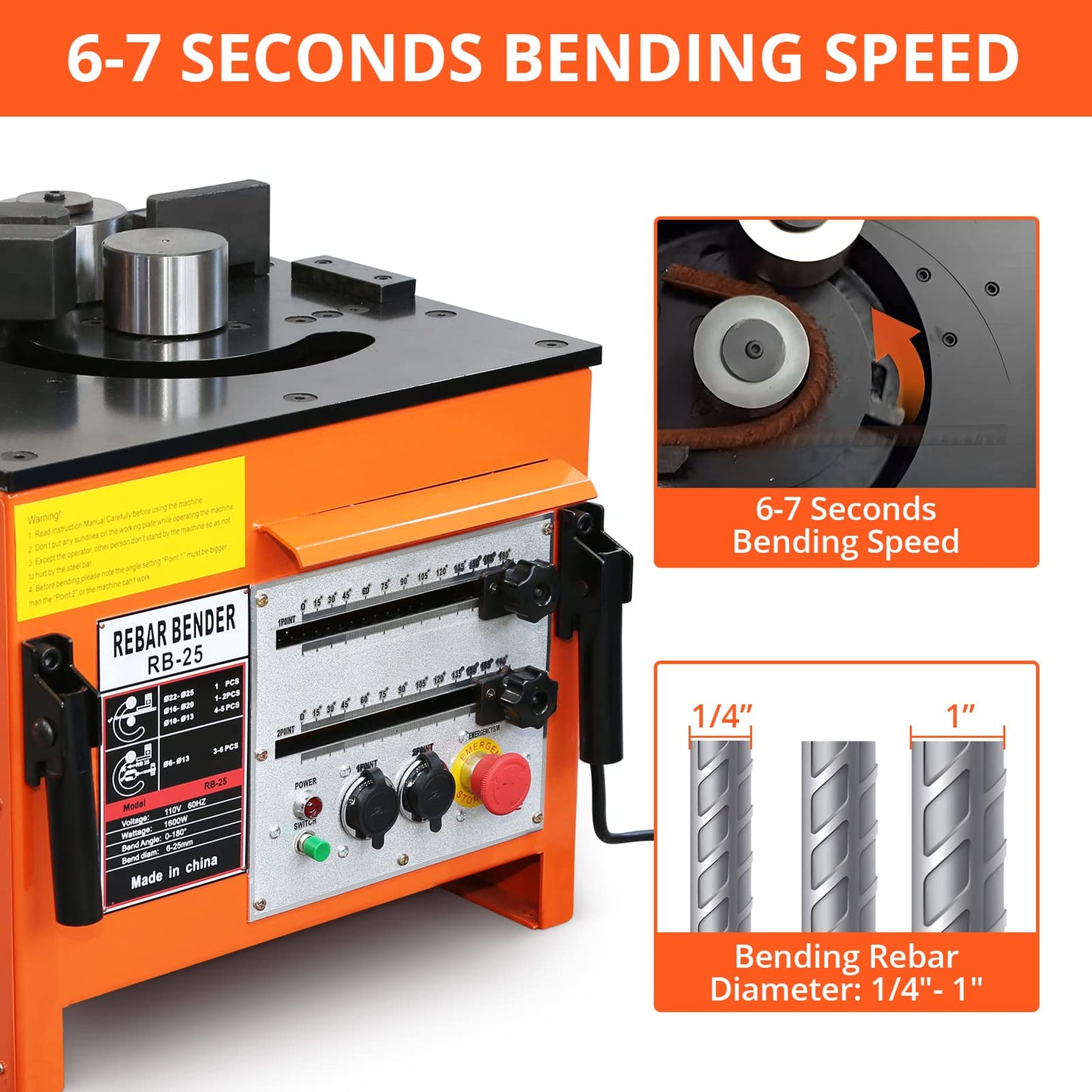 1600W Electric Rebar Bender, 6-7 Seconds Fast Bending Machine, 0-180° Accurate Portable Rebar Bender for 1/4 inch to 1 inch Steel Bar