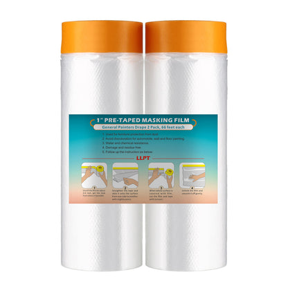 LLPT Tape and Drape Pre-Taped Masking Film | 2-Pack | Versatile Painter's Plastic Dust Sheets for Auto Wall Furniture Painting and Spraying Protection (MFT1502) | 150cm(Unfolded) x 20m