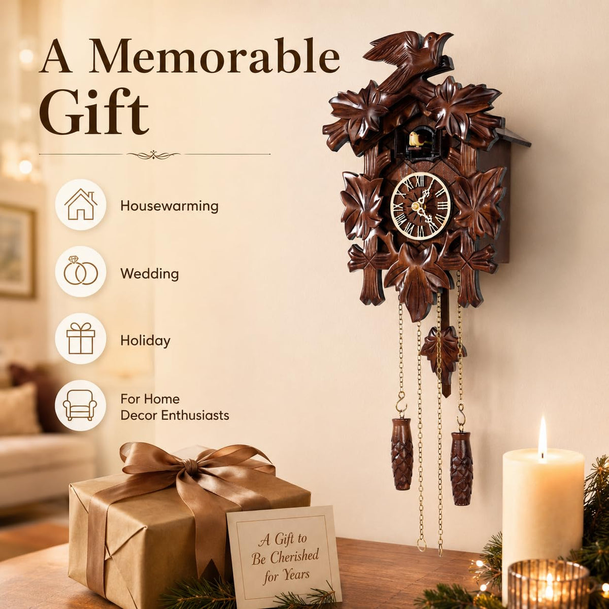 Cuckoopro Cuckoo Clock, Black Forest Style Wooden Pendulum Quartz Wall Clock, Volume Control, Night Silent, Gift Package, Professional Service