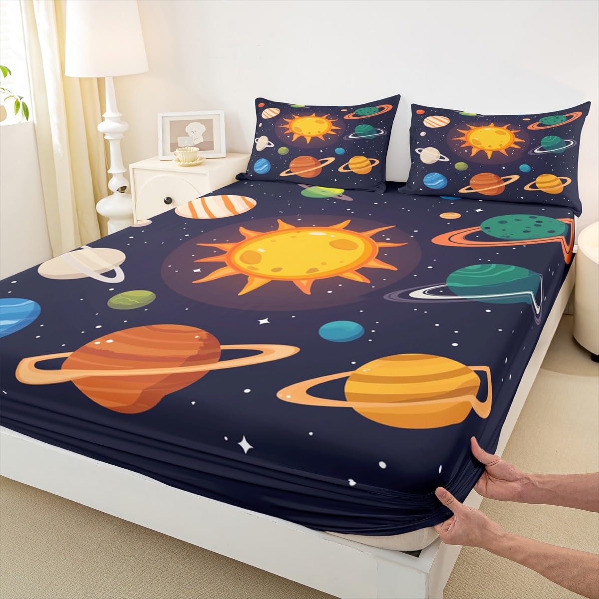 Erosebridal Planets of Solar System Sheet Set Mercury Earth Mars Neptune Saturn Jupiter Fitted Sheet for Kids Teens Adults Bed Décor Universe Space Galaxy Starry Sky Bedding Set Twin