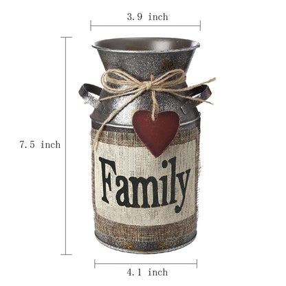 HIDERLYS 7.5" High Rustic Decorative Vase with Greetings and Rope Design, Metal Milk Can Country Jug for Living Room, Bedroom, Kitchen(Family)