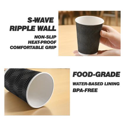 NUPANT 12oz -50 Pack Disposable Coffee Cups with Lids Insulated Corrugated Paper Cups Kraft Ripple Wall Paper Coffee Cups to Go for Hot/Cold Drinks, Disposable Cups for Home Office Party Cafe(Black)