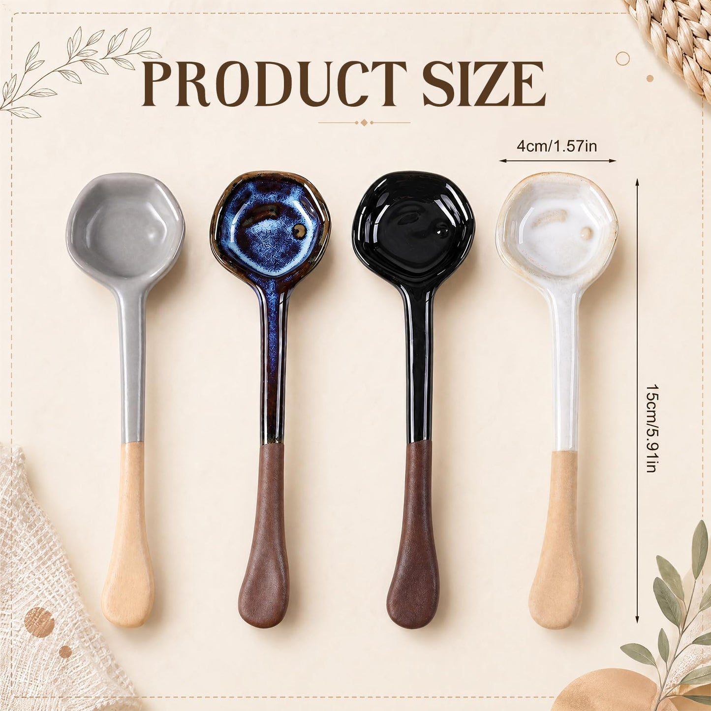 Ferrochef 4 Pack Ceramic Spoon Coffee Soup Whisk Handmade Tea Japanese Spoon Long-handle Vintage Coffee Tea Scoop for Loose Sugar and Spice Dessert (Vintage)
