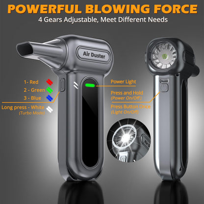 Electric Air Duster Cleaning Tools -180000RPM Super Power Cordless Air Duster, Rechargeable Brushless Motor Durable Blower, 4-Gear Adjustable Dust Blower Fan for Car, PC, Sliver