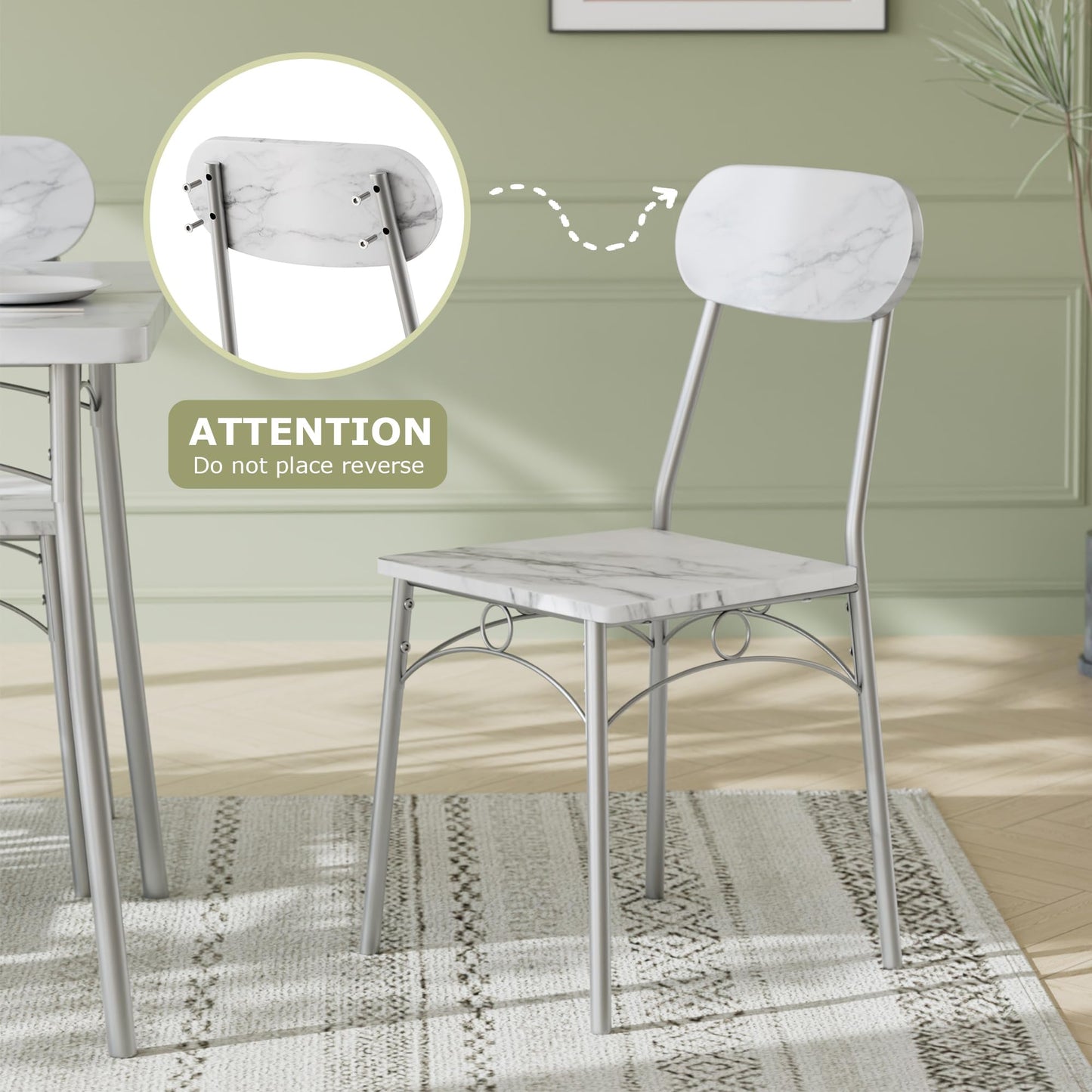 VECELO Dining Table Set for 4, 5-Piece Kitchen Table with 4 Chairs, MDF Board Tabletop with Metal Frame for Small Space, Compact Dinette, Breakfast Nook, Marble White