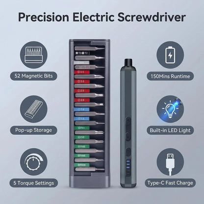 JIEHET Mini Electric Screwdriver Set, Cordless Screwdriver, Max 0.5N.m, 52 Magnetic Bits, LED Light, Magnetic Storage, Repair Tool for Electronics, Camera, Laptop, and PC Build