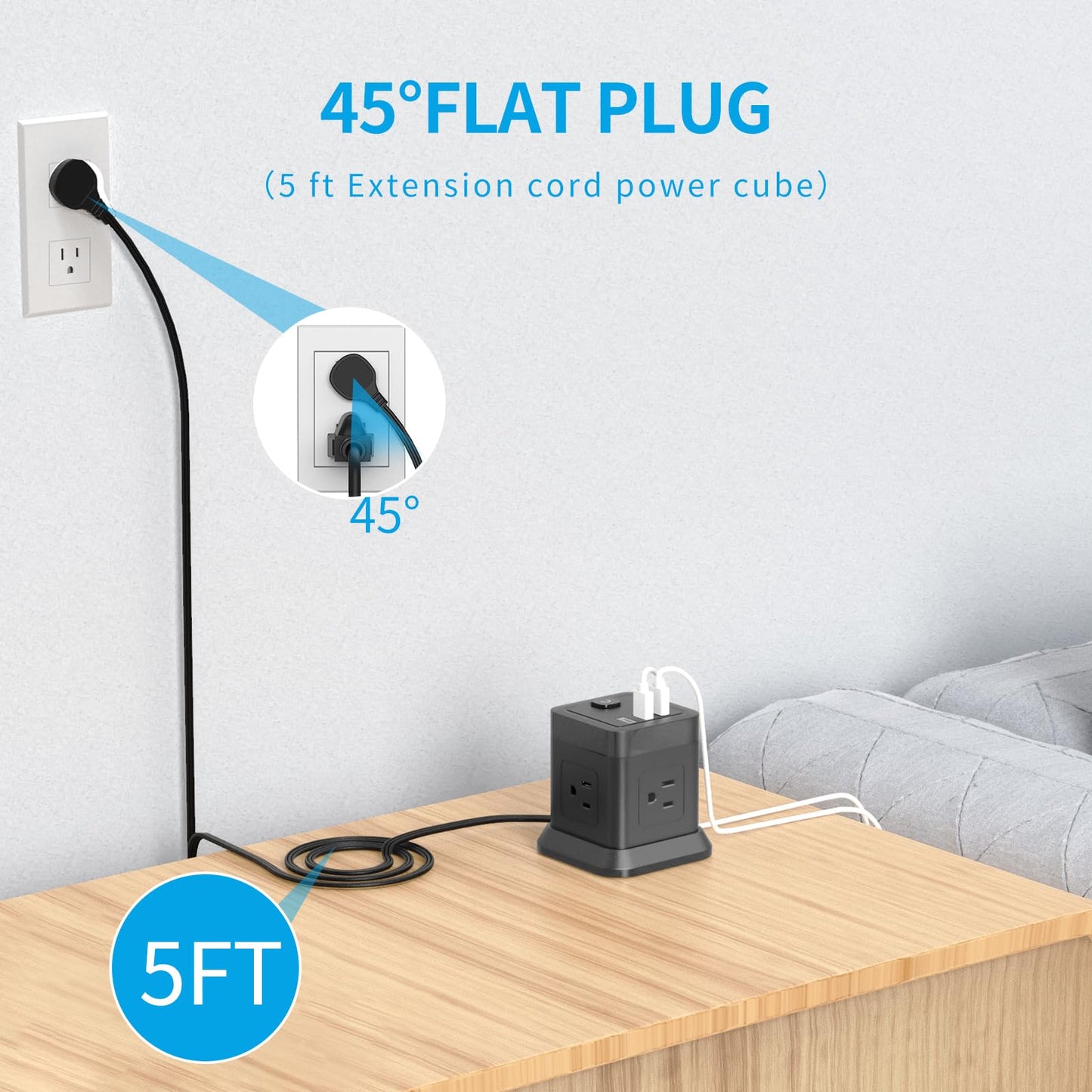 Power Strip with USB, FDTEK Flat Plug Extension Cord with 4 AC and 3 USB, 5 FT Power Cord Desktop Charging Station, Overload Protection, Compact Portable for Travel Home Office Cruise Ship - Black