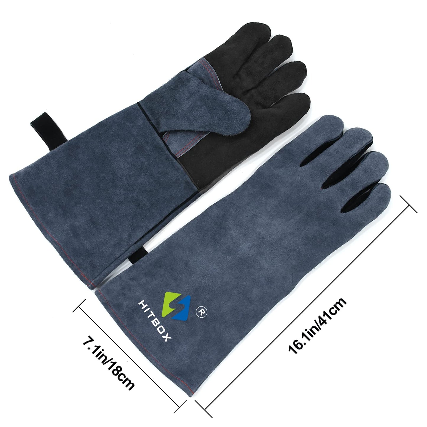 HITBOX Extreme Heat & Fire Resistant Gloves with Kevlar Stitching 16 ‘’ 932℉ Leather Fire Gloves for Arc Tig Mig Wood Stove Oven BBQ Grill Pot Holder Barking Animal Handling – Free Size for Men Women
