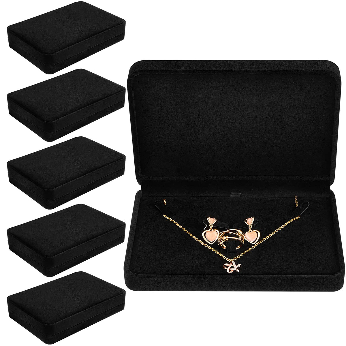 Bucherry 6 Pcs Large Jewelry Set Box Necklace and Ring Earring Pendant Gift Box Flannelette Jewelry Gift Box Jewelry Case for Traveling (Black)