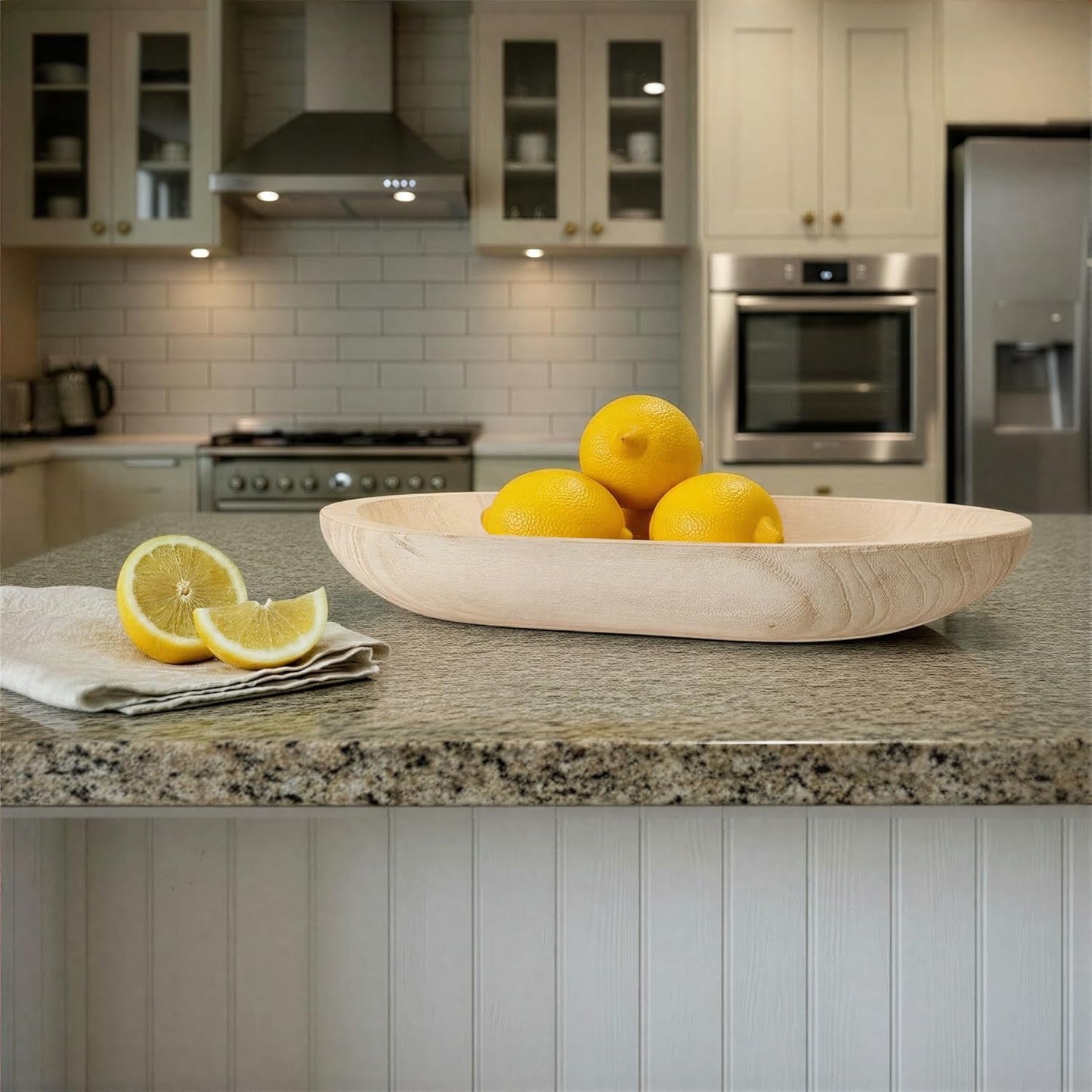 BOLTCORRSE Large Whitewashed Decorative Wood Bowl - Hand Carved Paulownia Tray for Coffee Table Centerpiece & Entryway Catchall - Organic Modern Farmhouse Decor
